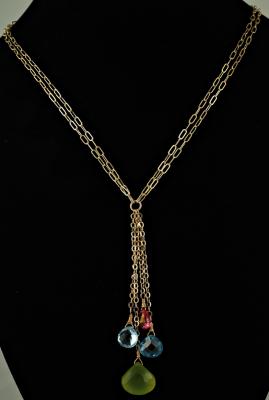 14k gf Green Chalcedony, Swiss Blue Topaz, Blue Zircon and Pink Mystic Fire Topaz Y shaped necklace