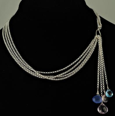 Picture 2 - Silver Lariat/Y shaped necklace with Blue Chalcedony, Swiss Blue Topaz, Morganite and Amethyst briolettes