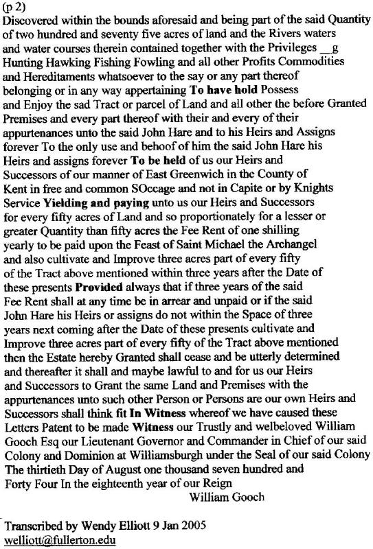 John Hare 1744 Deed Transcript