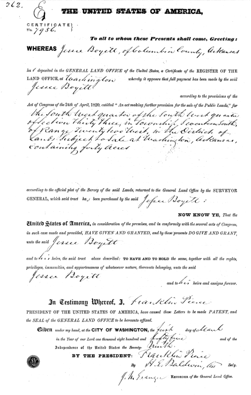 Jessie Boyett Deeds Columbia Co AR 1855