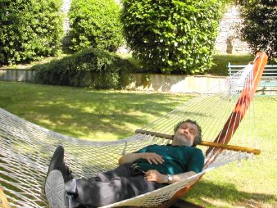 Richard relaxing (napping?) on a hammock on the grounds of the Hotel Bramante