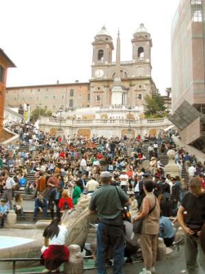 The Spanish Steps - lower part. Saturday night crowd. The Church of the Triniti dei Monti is at the top of the steps.