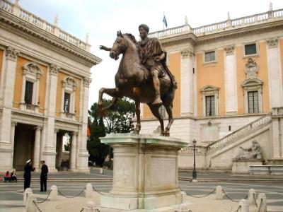 Bronze statue of Marcus Aurelius on Pizza del Campidoglio. It is a copy. Original is in the adjacent Capitoline Museum.
