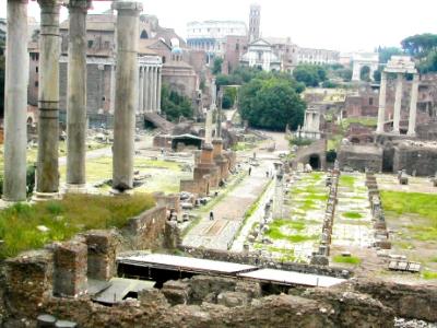 Forum: Basilica Julia 54b.c.e.-open area on right and low brown structure behind it. J. Caeser's body burned & consecrated here.