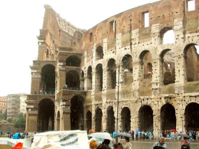 The Colosseum: Built by Emperor Vespasian. Opened in 80 c.e. Seated 55,000. 80 arched entrances. Rome's greatest amphitheater.