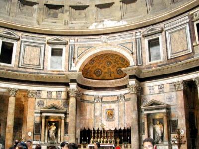 Pantheon: Perfect sphere on perfect cylinder. Church in middle ages. Before 20th c., largest concrete building ever constructed.