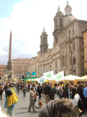 Piazza Navona 1: Oblong shape. Church of St. Agnes in Agone (1600's), designed by Borromini. Striking concave facade of church.