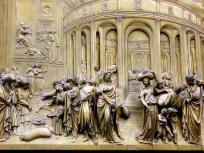 Ghiberti panel on Baptistry door: Joseph sold into slavery, cup of gold in Benjamin's sack, Joseph reveals himself to brothers