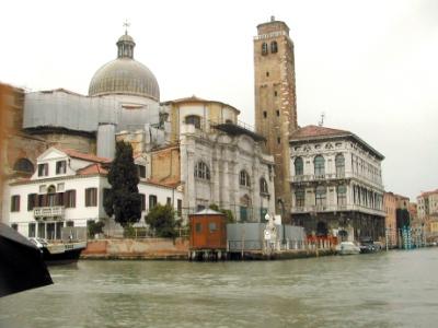 Grand Canal: Church of San Geremia (11th c.) and Romanesque bell tower (13th c). Labia Palace (1700's) to the right of tower.