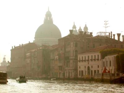 The Grand Canal with the Santa Maria della Salute in the background. Photo taken from a water taxi going to the Basilica.