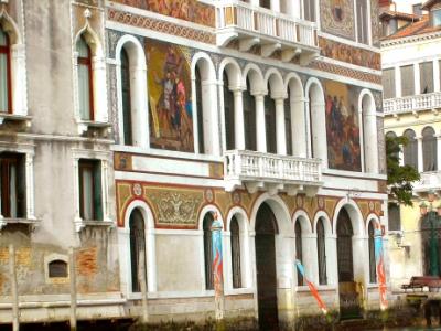 The Palazzo Barbarigo on the Grand Canal from a waterbus. Built in the 16th century. Bold mosaics added in the late 1800's.