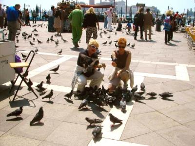 Huge number of domesticated pigeons on Piazza San Marco. They will accept food while on people's arms, as here.