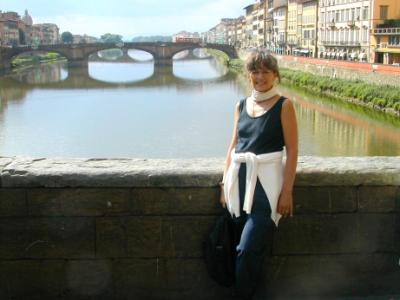 Judy on the Ponte Vecchio overlooking the Arno River