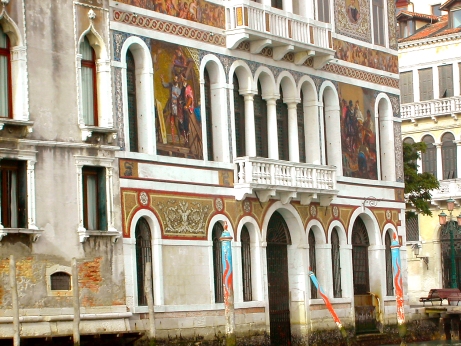 The Palazzo Barbarigo on the Grand Canal from a waterbus. Built in the 16th century. Bold mosaics added in the late 1800s.