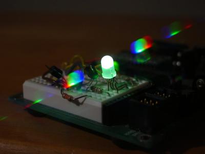 An RGB LED as seen through a diffraction grading