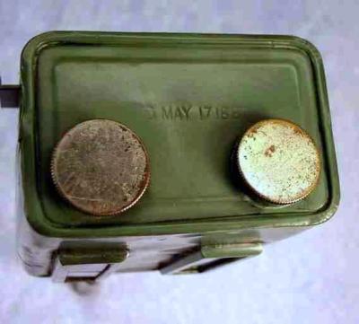 Milwaukee Brass Company Duplex Powder Measure - Top Showing Caps For Each Powder Chamber