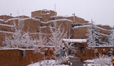 This picture was taken out the truck window as we were returning to the hotel during a late March snowstorm on Good Friday, 2005. The hotel is a nice place to stay - quiet, relaxing, in walking distance of the galleries and restaurants in central Santa Fe. The architecture really says Santa Fe.