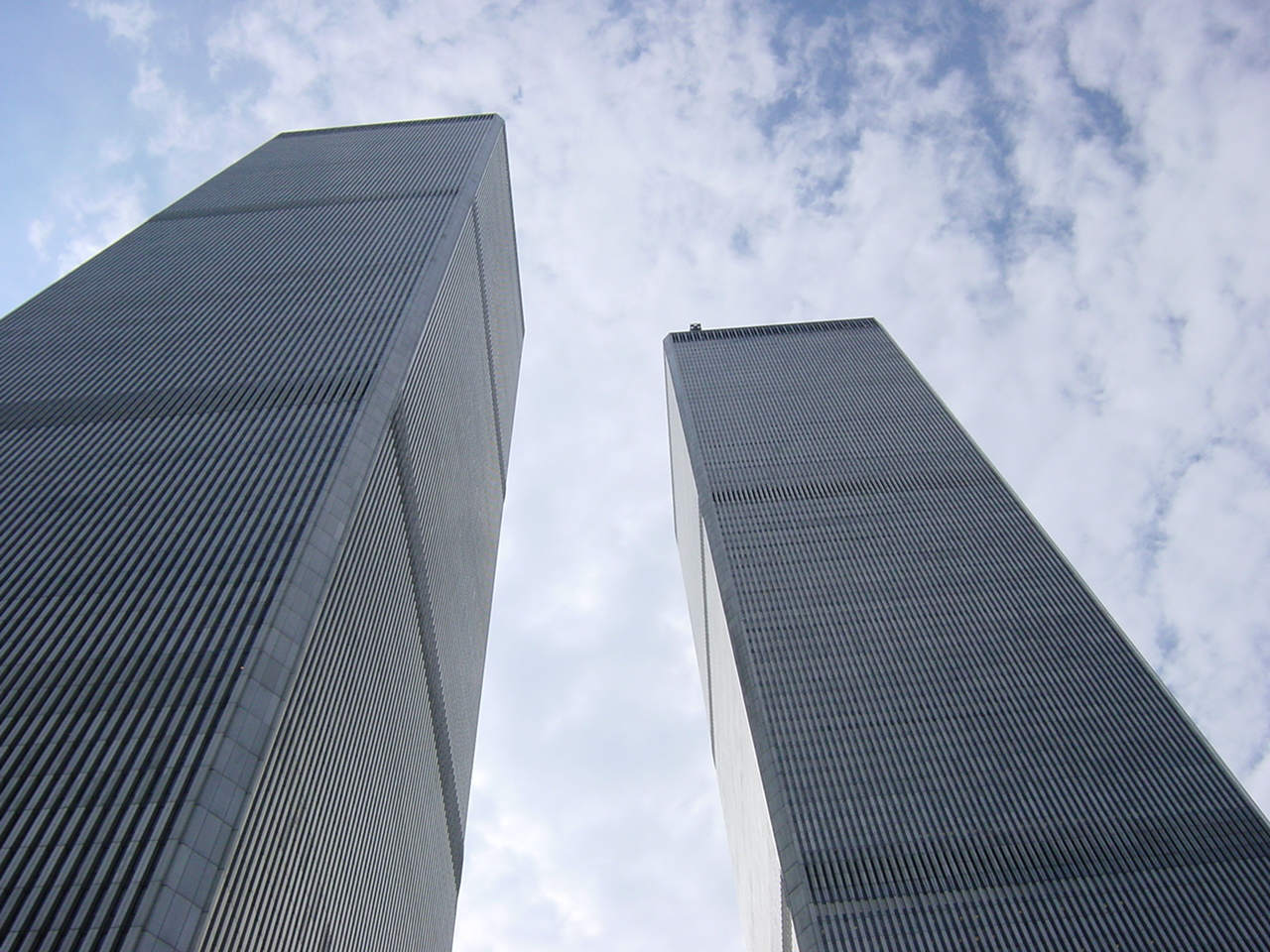 World Trade Centers from below in color.