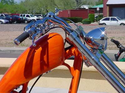 beautiful orange custom Harley chopper