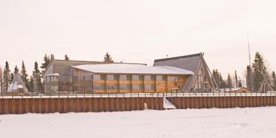 Ecolodge from ice road on the Moose River.