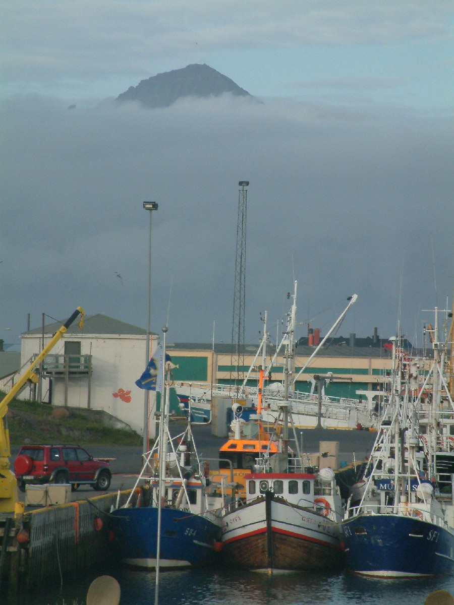 Third night: Hfn fishing boat harbor with cloud-shrouded mountain from Guesthouse sgarur