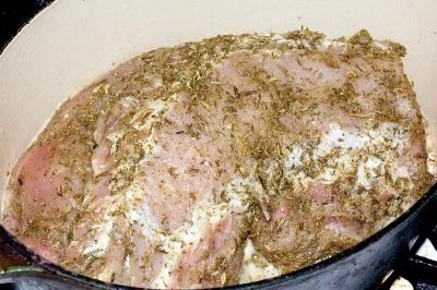 browning seasoned pork loin in butter and oil