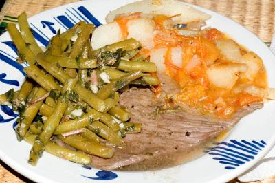 sandwich steak, greek potatoes, garlic mint beans