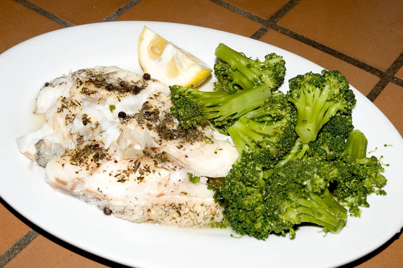 white snapper, steamed broccoli