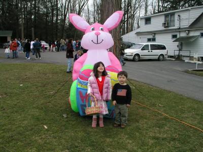 Sarah and Kyle pose with the Easter Bunny at the VFW's Easter Egg Hunt