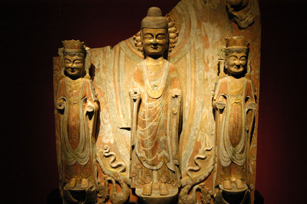 Buddhist Triad, gold painted stone, Northern/Eastern Wei (386-550 AD)