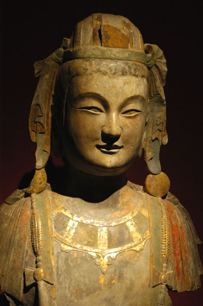 Standing Bodhisattva, gold painted stone, Northern Wei (386-534 AD)