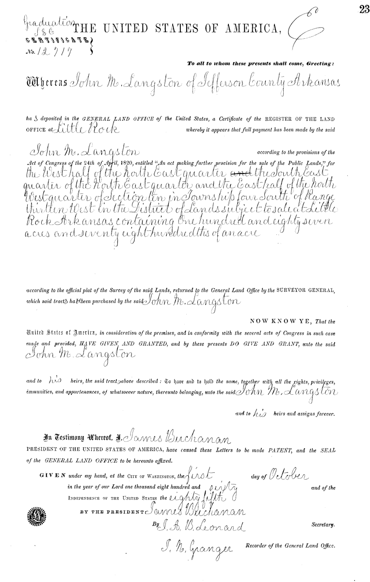 John M Langston Deed 1860 Grant Co AR