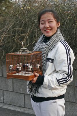 Une jeune fille promne son oiseau dans les rues de Pkin