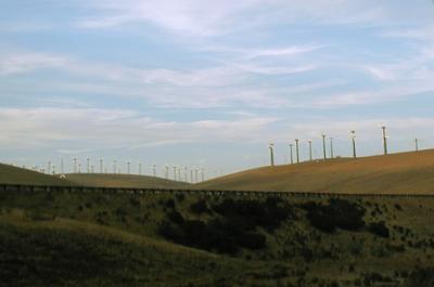 Wind farm in the Altamont Pass, East of Livermore, taken out the left window while driving East on I-580.