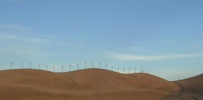 Wind farm in the Altamont Pass, East of Livermore, taken out the right window while driving East on I-580.
