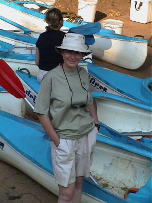 Jackie with canoes