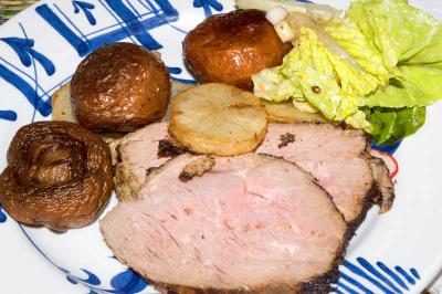 grilled lamb, fried mushrooms, roasted refried potatoes, salad