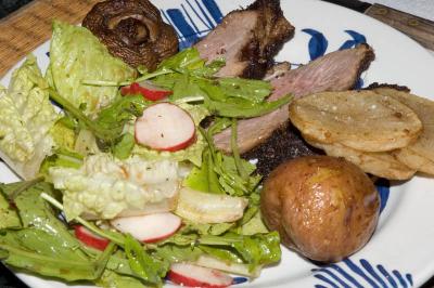 grilled lamb, fried mushrooms, roasted refried potatoes, salad
