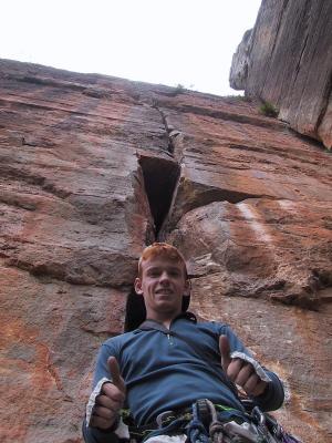Me psyched for Janicepts FFA 1966 hardest climb in Oz, 21, 27m 4.5m overhang, and a crack, Yeehaaa