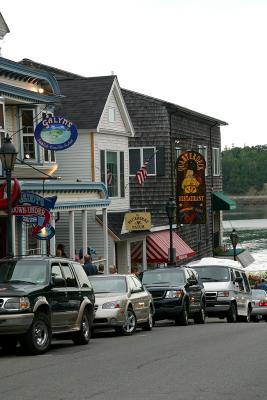 The north end of Main Street at the intersection of West Street in Bar Harbor, Maine. Great restaurant, Quarterdeck, on the corner.