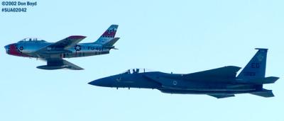 Heritage Flight of Ed Shipley's F-86 Sabre and USAF F-15C military aviation air show stock photo