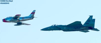 Heritage Flight of Ed Shipley's F-86 Sabre and USAF F-15C military aviation air show stock photo