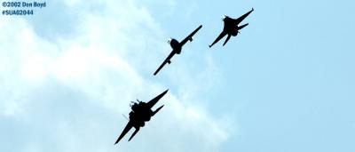 Heritage Flight of Ed Shipley's F-86 Sabre leading USAF F-15C and F-16C military aviation air show stock photo