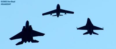 Heritage Flight of Ed Shipley's F-86 Sabre leading USAF F-15C and F-16C military aviation air show stock photo