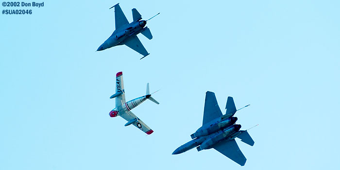 Heritage Flight of Ed Shipleys F-86 Sabre leading USAF F-15C and F-16C military aviation air show stock photo