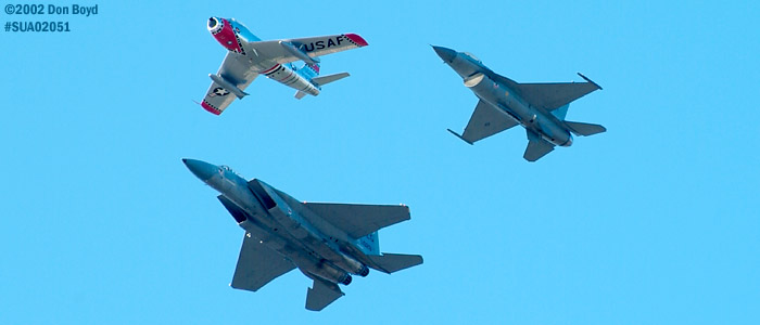 Heritage Flight of Ed Shipleys F-86 Sabre leading USAF F-15C and F-16C military aviation air show stock photo