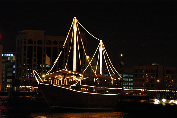 Festive dhow cruising the Creek at night