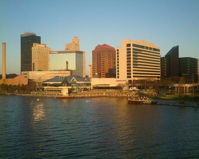 Downtown from bridge: the white building is the host hotel