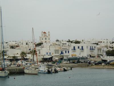 Mykonos ferry port from ferry on the way to Naxos