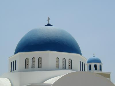 Close up of Typical blue domed church of Naxos